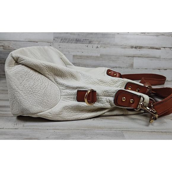 CYNTHIA ROWLEY XL Ivory/Brown Pebbled Leather Convertible Satchel/Shoulder Bag - Picture 4 of 16